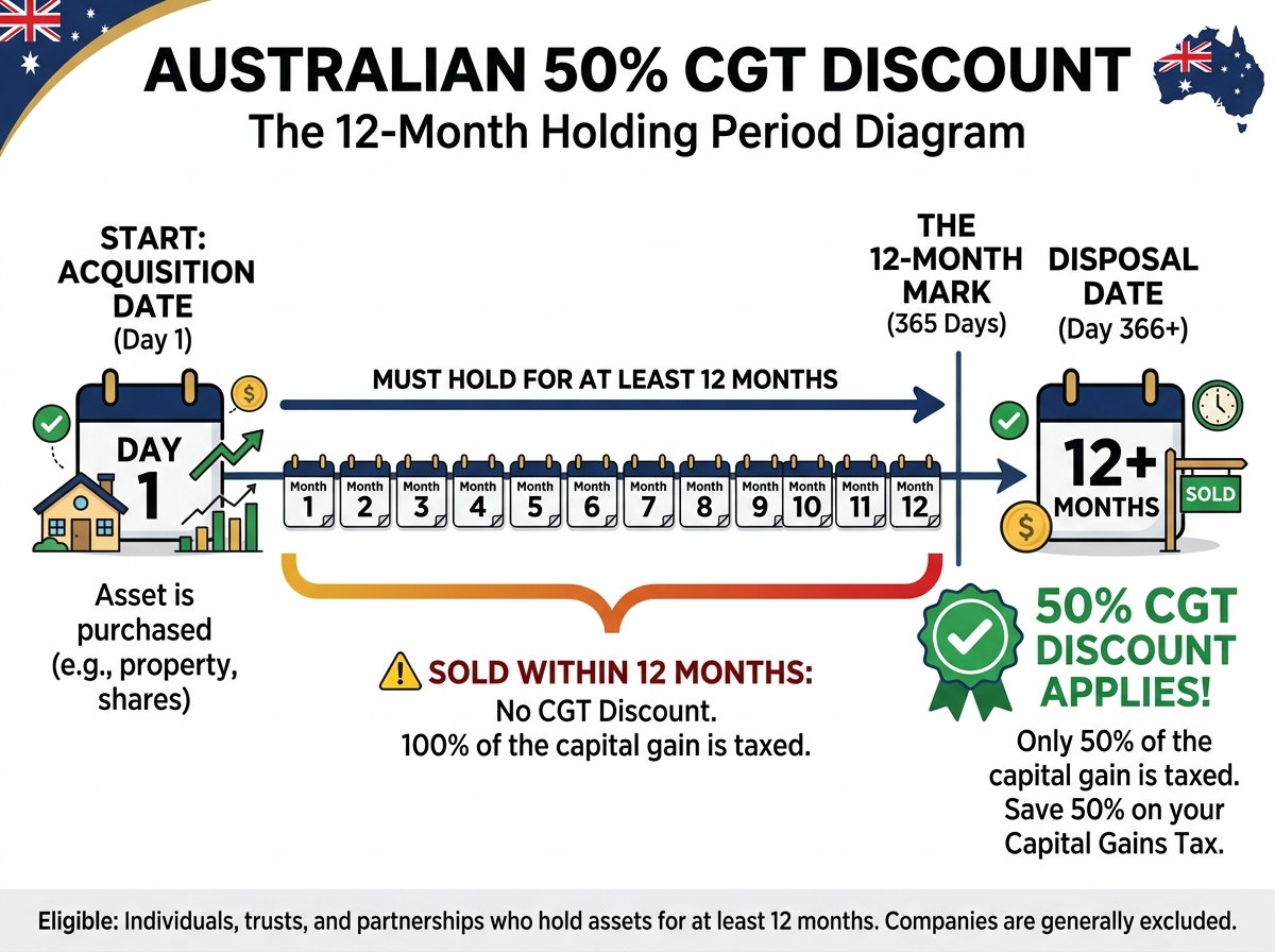 12-Month Holding Rule Timeline for 50% CGT Discount Qualification