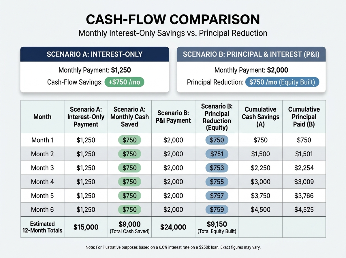 Monthly Cash Flow and Debt Trajectory: Interest-Only vs P&I Comparison