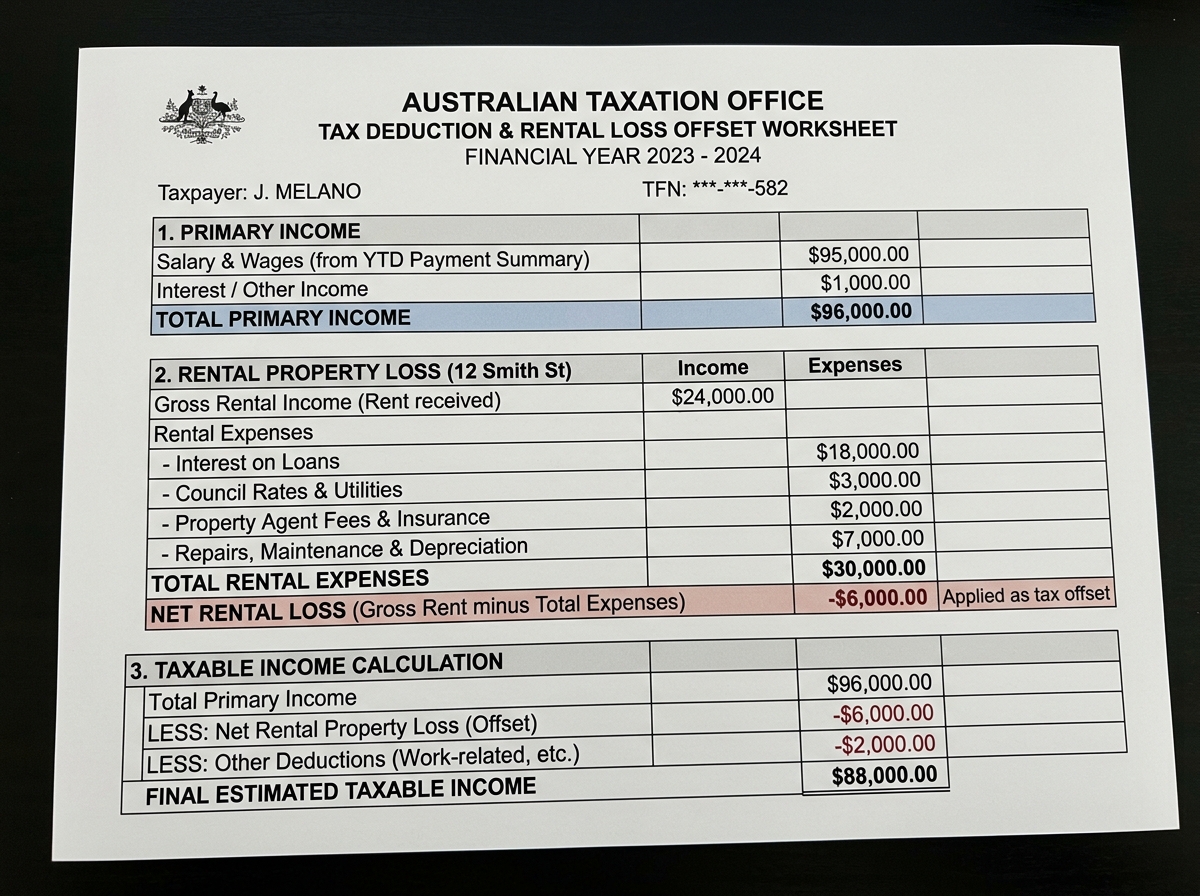 ATO Rental Property Deductions Ledger and Net Taxable Loss Offset Flow